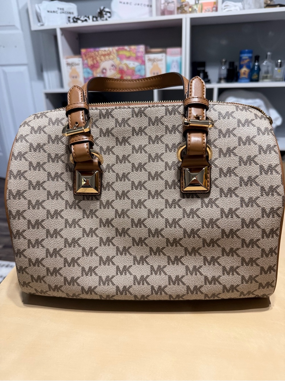 Michael Kors Brown/Tan Logo Dome Satchel with Gold Hardware